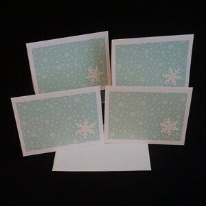 4 White Aqua Snow Large Handmade Note Cards with Glitter Snowflake